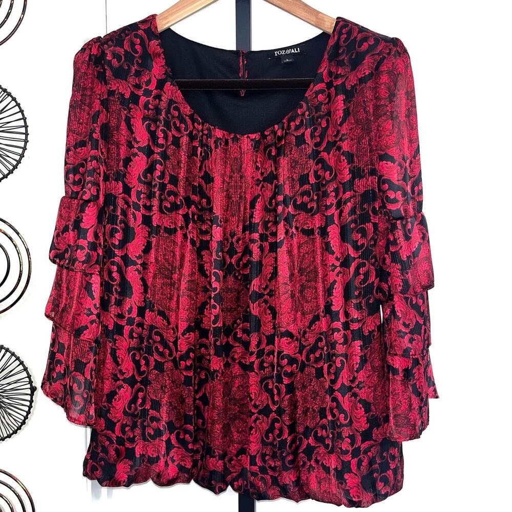 Roz & Ali Top Blouse Vamp Whimsygoth Goth Y2K - Red Black Floral, Size L